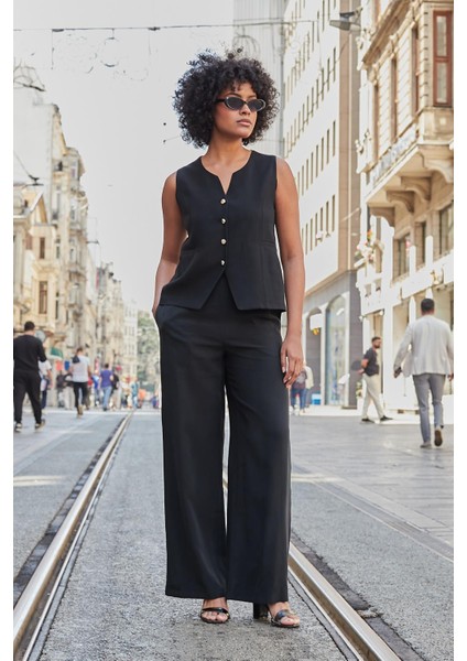 Kadın Likrasız Ipeksi Modal Yumuşak Dokulu Kumaş Flato Cepli Düğmeli Yelek-Siyah fiyatları