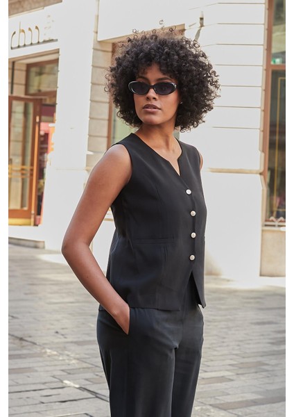 Kadın Likrasız Ipeksi Modal Yumuşak Dokulu Kumaş Flato Cepli Düğmeli Yelek-Siyah fırsatları