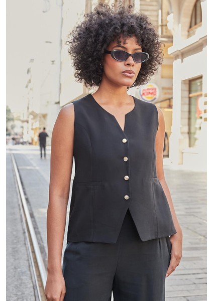 Kadın Likrasız Ipeksi Modal Yumuşak Dokulu Kumaş Flato Cepli Düğmeli Yelek-Siyah indirimleri