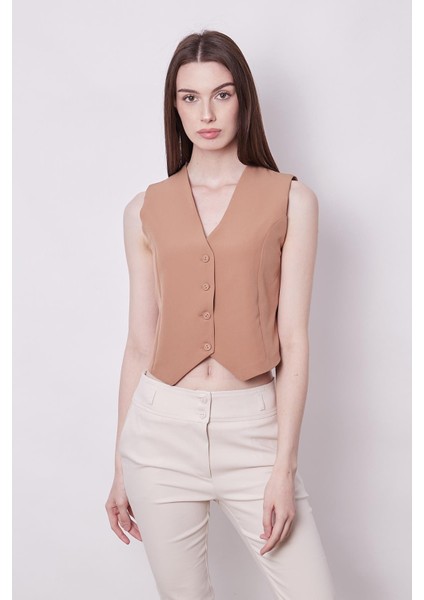 Kadın Önü Düğmeli Hafif Likralı Kumaş Kısa Yelek-Camel fırsatları