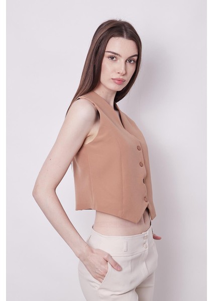 Kadın Önü Düğmeli Hafif Likralı Kumaş Kısa Yelek-Camel indirimleri