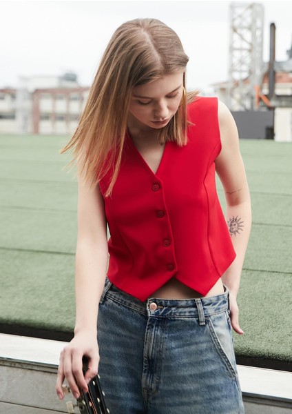 Kadın Önü Düğmeli Hafif Likralı Kumaş Kısa Yelek-Kırmızı