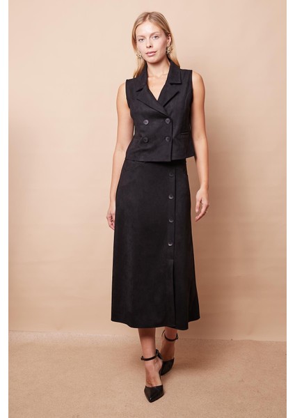 Kadın Kadife Likralı Yumuşak Dokulu Flato Cepli Kruvaze Anvelop Şık Ofis Yelek-Siyah