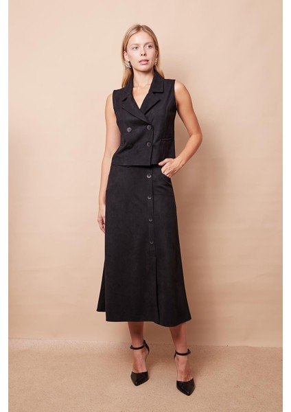 Kadın Kadife Likralı Yumuşak Dokulu Flato Cepli Kruvaze Anvelop Şık Ofis Yelek-Siyah fiyatları