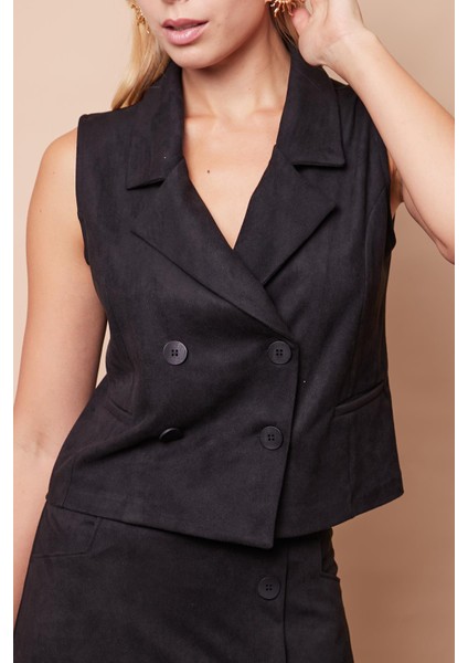 Kadın Kadife Likralı Yumuşak Dokulu Flato Cepli Kruvaze Anvelop Şık Ofis Yelek-Siyah modelleri