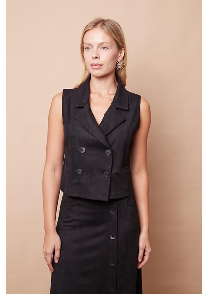 Kadın Kadife Likralı Yumuşak Dokulu Flato Cepli Kruvaze Anvelop Şık Ofis Yelek-Siyah fırsatları