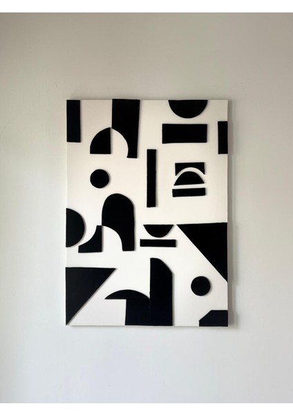 Siyah Beyaz Kabartmalı Geometrik Şekilli Tablo