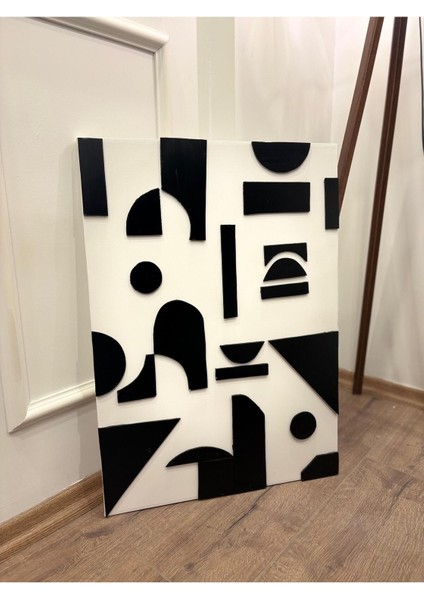 Siyah Beyaz Kabartmalı Geometrik Şekilli Tablo modelleri