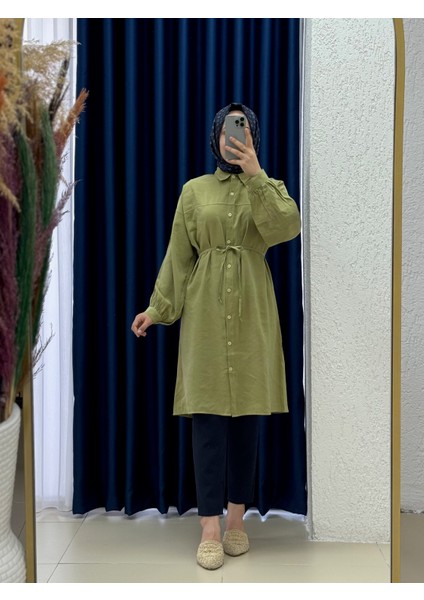 Miresia Bağcıklı Uzun Modal GÖMLEK-PE261 Yağ Yeşili