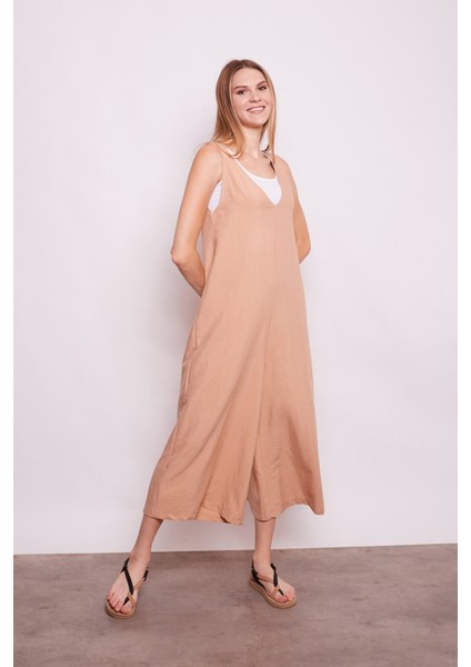 Ikili Içi Penyeli Ön Arka V Yaka Bol Paça Tulum -Camel modelleri