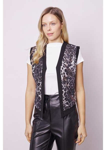 Kadın Hafif Likralı Krep Kumaş Pul Detaylı Vücuda Oturan Yelek-Leopar fiyatları