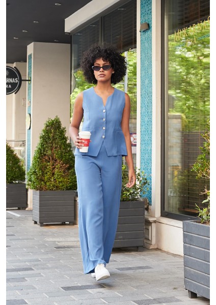 Kadın Likrasız Ipeksi Modal Yumuşak Dokulu Kumaş Flato Cepli Düğmeli Yelek-Indigo