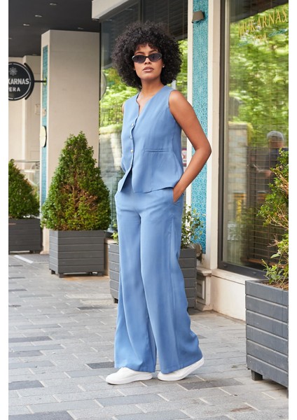 Kadın Likrasız Ipeksi Modal Yumuşak Dokulu Kumaş Flato Cepli Düğmeli Yelek-Indigo fiyatları