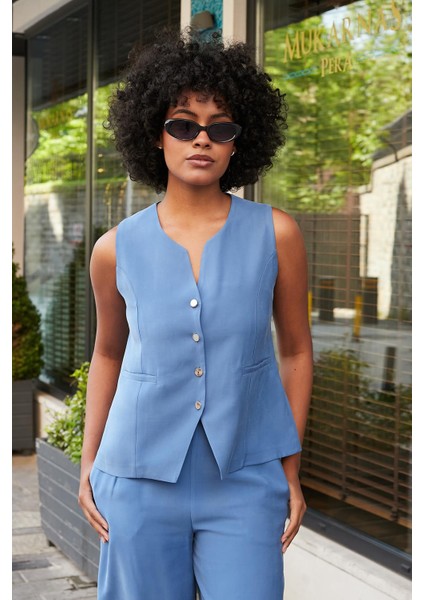 Kadın Likrasız Ipeksi Modal Yumuşak Dokulu Kumaş Flato Cepli Düğmeli Yelek-Indigo modelleri