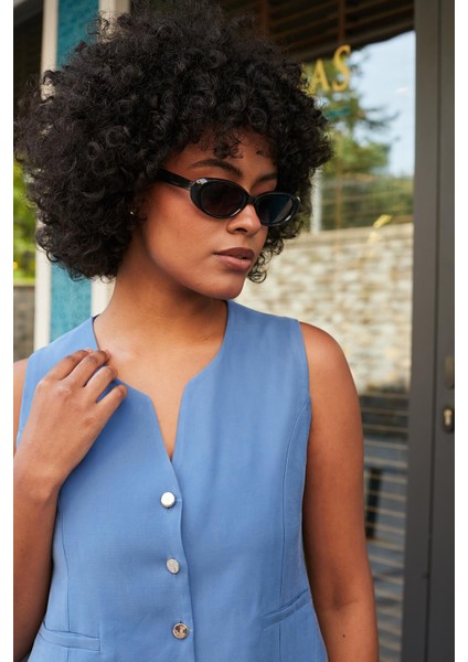 Kadın Likrasız Ipeksi Modal Yumuşak Dokulu Kumaş Flato Cepli Düğmeli Yelek-Indigo fırsatları