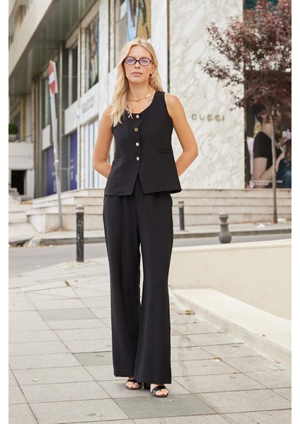 Kadın Likrasız Keten Kumaş Balen Yaka Flato Cepli Düğmeli Yelek-Siyah