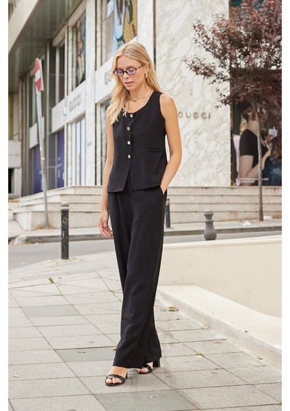 Kadın Likrasız Keten Kumaş Balen Yaka Flato Cepli Düğmeli Yelek-Siyah fiyatları