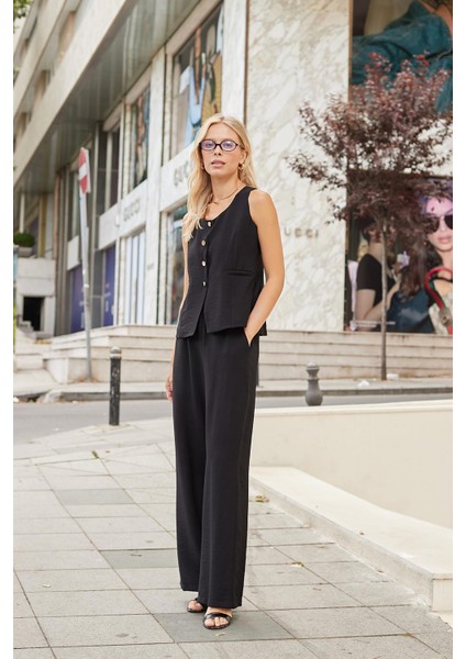 Kadın Likrasız Keten Kumaş Balen Yaka Flato Cepli Düğmeli Yelek-Siyah modelleri