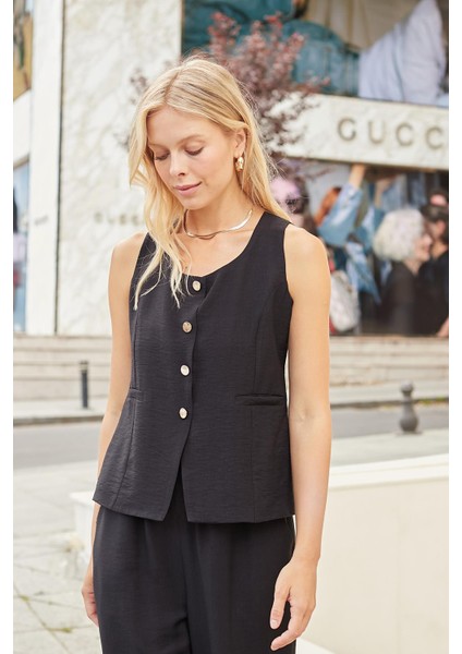 Kadın Likrasız Keten Kumaş Balen Yaka Flato Cepli Düğmeli Yelek-Siyah indirimleri