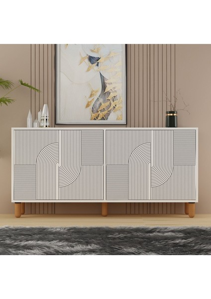 Desso Konsol 150CM, Tv Sehpası, Kitaplık, Çok Amaçlı Dolap, Ahşap Ayak, Lazer Desen
