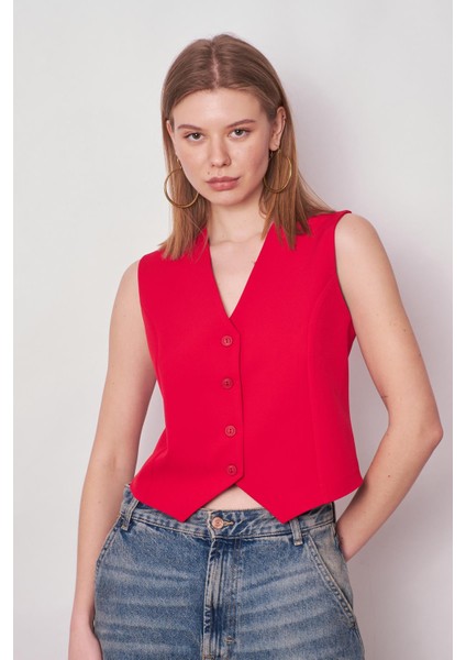 Kadın Önü Düğmeli Hafif Likralı Kumaş Kısa Yelek-Kırmızı fırsatları