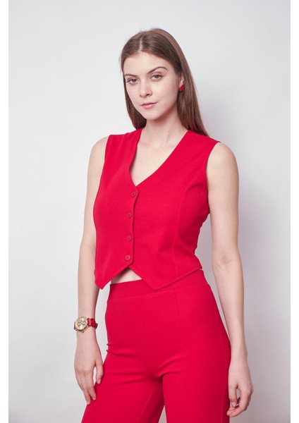 Kadın Likralı Krep Kumaş Arkası D Tokalı Kısa Yelek-Kırmızı