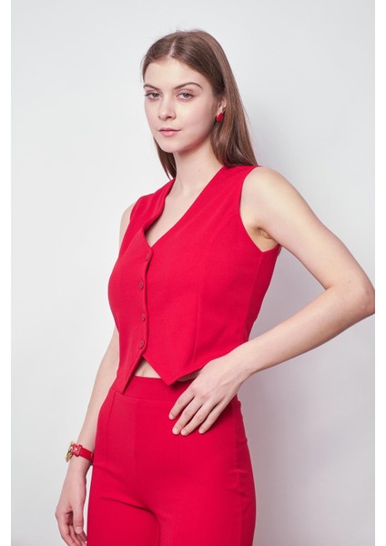 Kadın Likralı Krep Kumaş Arkası D Tokalı Kısa Yelek-Kırmızı fiyatları