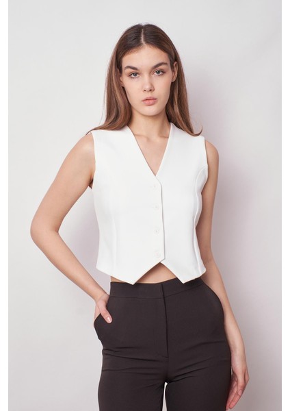 Kadın Önü Düğmeli Hafif Likralı Kumaş Kısa Yelek-Krem fırsatları