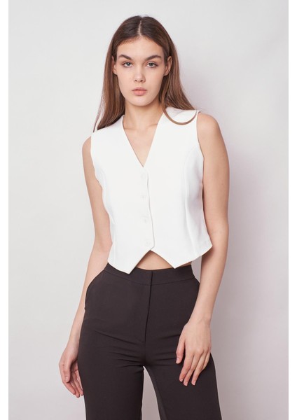 Kadın Önü Düğmeli Hafif Likralı Kumaş Kısa Yelek-Krem indirimleri