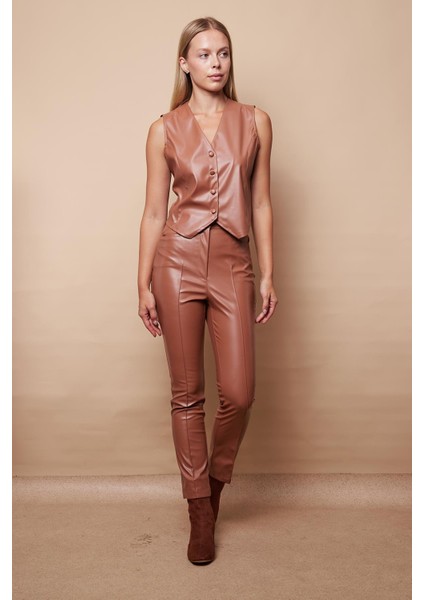 Kadın Hafif Likralı Violet Deri Kısa Yelek(Pantolon Için Jument 40086)-CAMEL modelleri