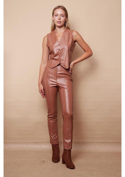 Kadın Hafif Likralı Violet Deri Kısa Yelek(Pantolon Için Jument 40086)-CAMEL fırsatları