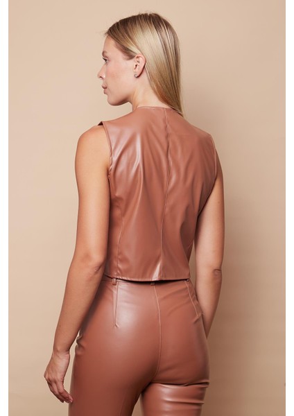 Kadın Hafif Likralı Violet Deri Kısa Yelek(Pantolon Için Jument 40086)-CAMEL indirimleri