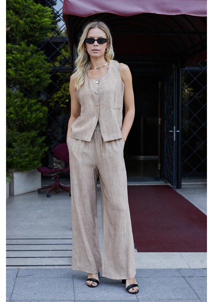 Kadın Keten Görünümlü Likrasız Kumaş Balen Yaka Flato Cepli Düğmeli Yelek-Camel