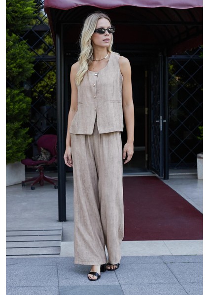 Kadın Keten Görünümlü Likrasız Kumaş Balen Yaka Flato Cepli Düğmeli Yelek-Camel fiyatları