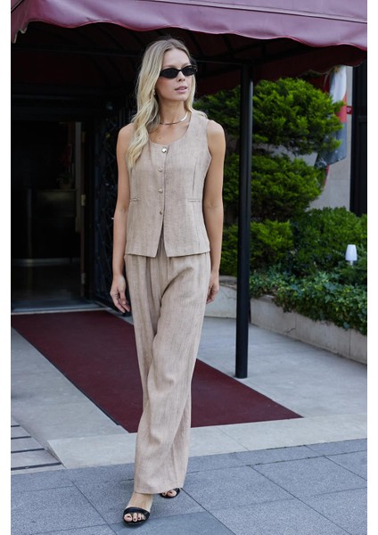 Kadın Keten Görünümlü Likrasız Kumaş Balen Yaka Flato Cepli Düğmeli Yelek-Camel modelleri
