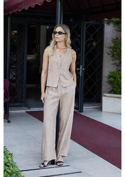 Kadın Keten Görünümlü Likrasız Kumaş Balen Yaka Flato Cepli Düğmeli Yelek-Camel fırsatları