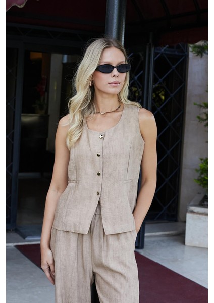 Kadın Keten Görünümlü Likrasız Kumaş Balen Yaka Flato Cepli Düğmeli Yelek-Camel indirimleri