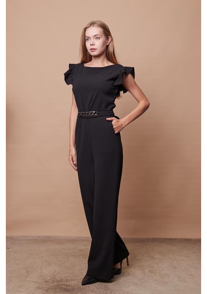 Likralı Kalın Krep Kumaş Kolu Fırfırlı Aksesuarlı Şık Ofis Abiye Tulum-Siyah