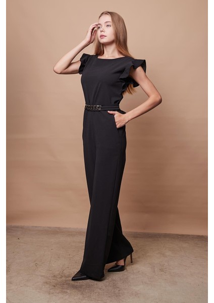 Likralı Kalın Krep Kumaş Kolu Fırfırlı Aksesuarlı Şık Ofis Abiye Tulum-Siyah