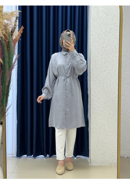 Miresia Bağcıklı Uzun Modal GÖMLEK-PE261 Gri