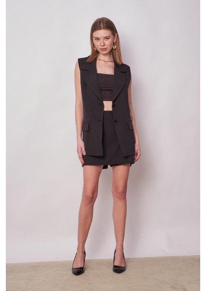 Kadın Yakalı Cep Kapaklı Hafif Likralı Dokuma Kumaş Oversize Blazer Yelek-Siyah modelleri