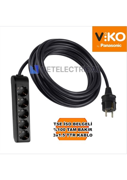 Multi-Let | Beşli 5 Metre Topraklı Çocuk Korumalı Grup Priz - 5'li, 5 M, Siyah 3x1.5 Ttr (Tam Bakır) Kablolu
