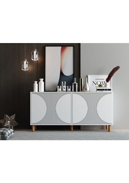 Arven Konsol 150CM, Tv Sehpası, Kitaplık, Çok Amaçlı Dolap, Ahşap Ayak, Lazer Desen