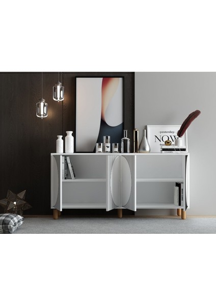 Arven Konsol 150CM, Tv Sehpası, Kitaplık, Çok Amaçlı Dolap, Ahşap Ayak, Lazer Desen modelleri