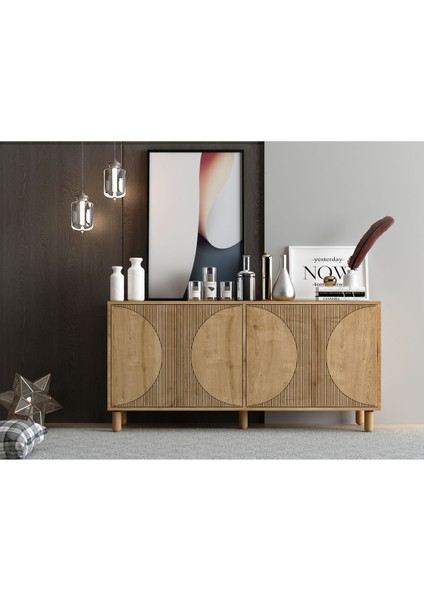 Arven Konsol 150CM, Tv Sehpası, Kitaplık, Çok Amaçlı Dolap, Ahşap Ayak, Lazer Desen