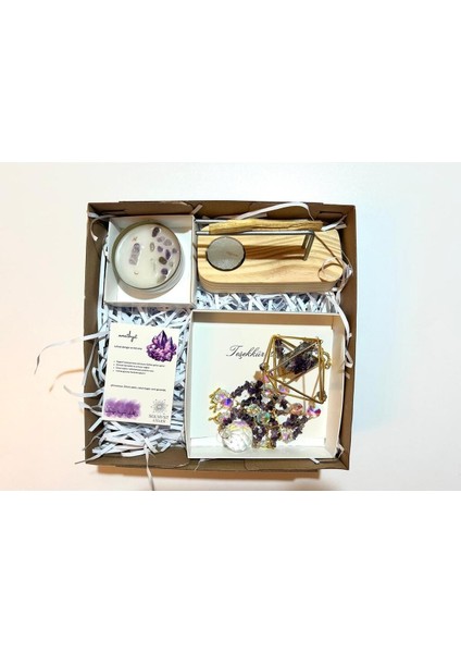 Ametist Hediye Kutusu 1 - Doğal Taş Sun Catcher, Ametist Mum, Palo Santo ve Palo Santo Tütsülük