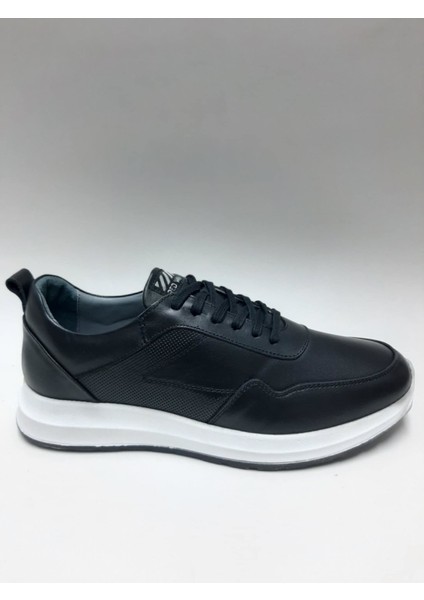Hakiki Deri Bağcıklı Siyah Renk Hafif Beyaz Tabanlı Günlük Casual Erkek Ayakkabı C-711209RW