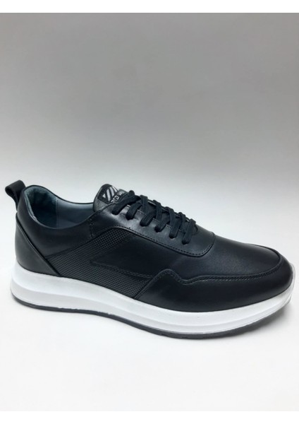 Hakiki Deri Bağcıklı Siyah Renk Hafif Beyaz Tabanlı Günlük Casual Erkek Ayakkabı C-711209RW
