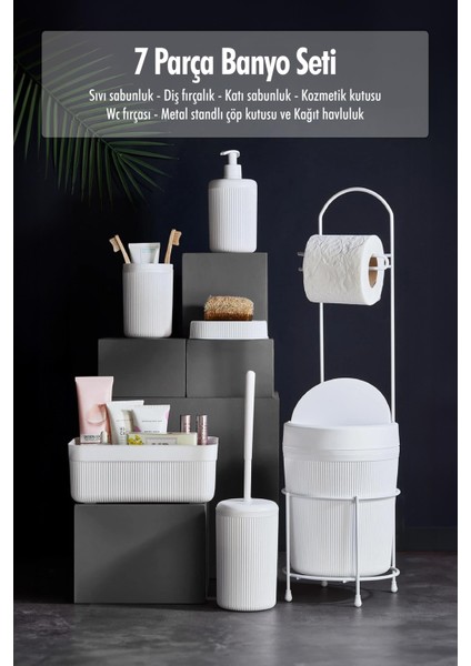 7 Parça Beyaz Banyo Seti Metal Stantlı Kovalı Wc Kağıtlık Kozmetik Kutusu Diş Fırçalık ve Sabunlukla