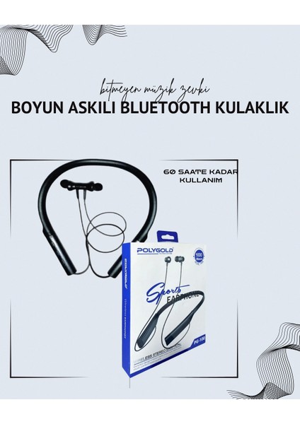 Polygold PG-100 Boyun Askılı Kablosuz Kulaklık – 200 Saat Bekleme Süresi, Stereo Ses, Mikrofonlu